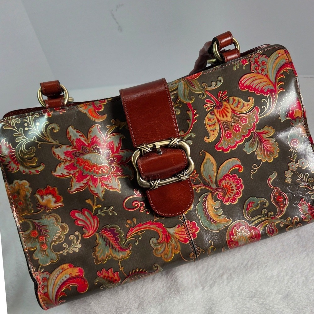 Multi Color Floral Paisley Leather Satchel Bag Women Leather Trim Boho Tex